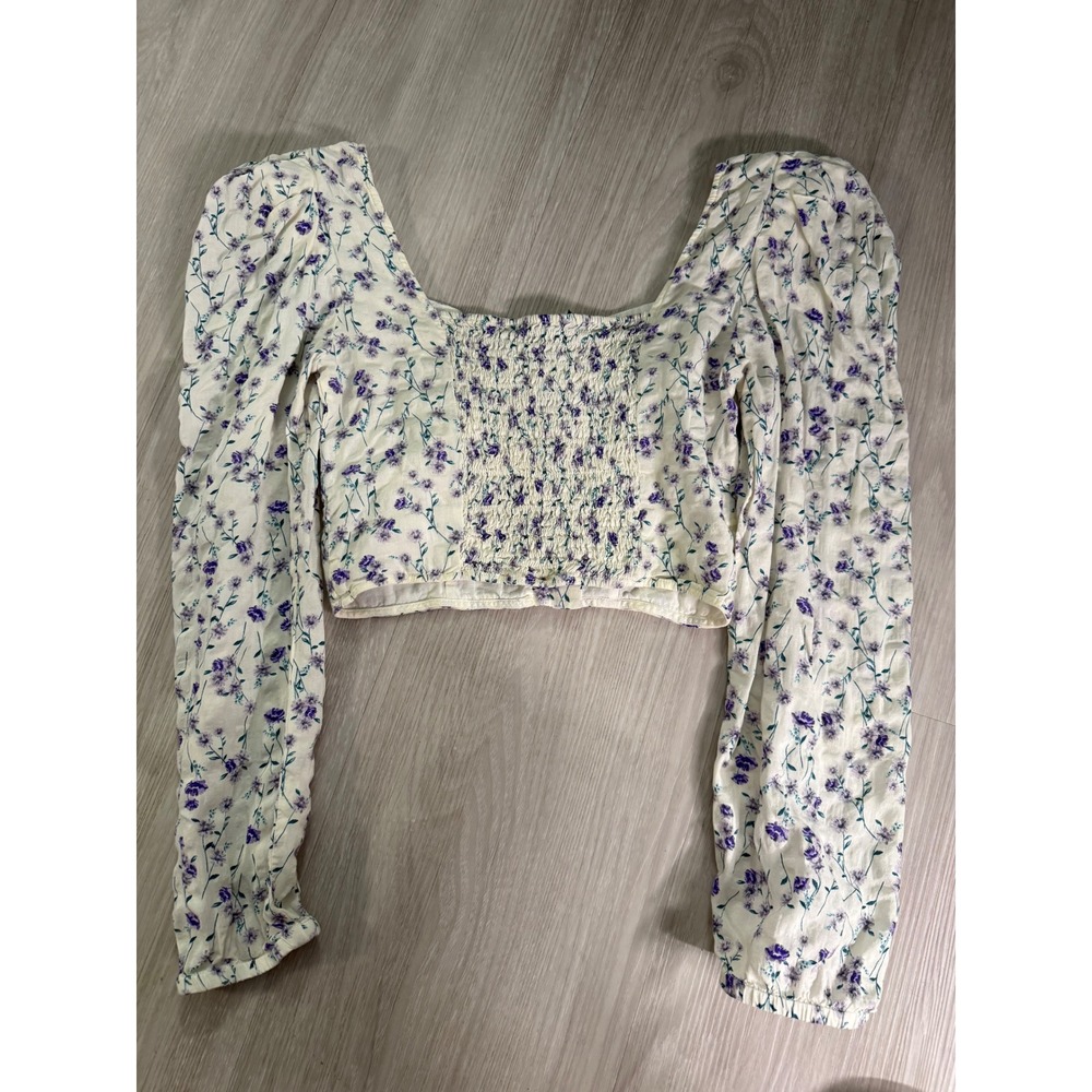 Zara Purple Floral Square Neck Crop Top Long Sleeve Smocked Back XS - Picture 2 of 10